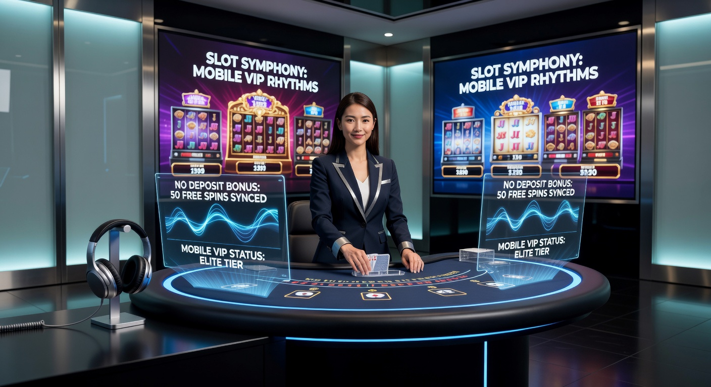 Dynamische Darstellung einer Slot-Symphonie mit No-Deposit-Boni, mobilen VIP-Elementen und Live-Blackjack-Tischen, die harmonisch verschmelzen